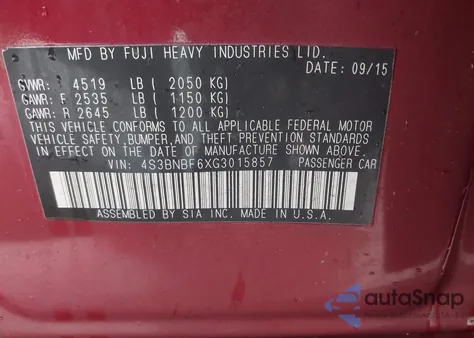 2016 Subaru Legacy 2.5I Premium z USA, uszkodzony, nr VIN 4S3BNBF6XG3015857